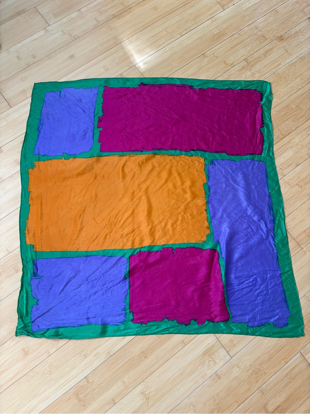 Vintage ECHO Silk Multicolor Color Blocked Green Border Scarf